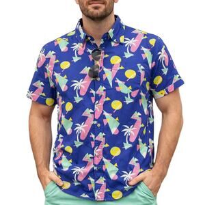 Joe Marlin Men’s Large Tapered Fit Button-Down Shirt Summer Blue Surf Print